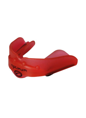 Red Optimum Matrix mouthguard with black logo, side view on white background - Optimum