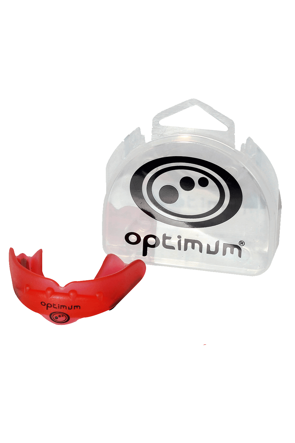 Red Optimum Matrix mouthguard beside clear plastic carry case with black logo, on white - Optimum