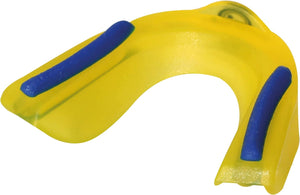 Yellow Optimum Matrix mouthguard, angled close-up with blue gel channels, on white background - Optimum
