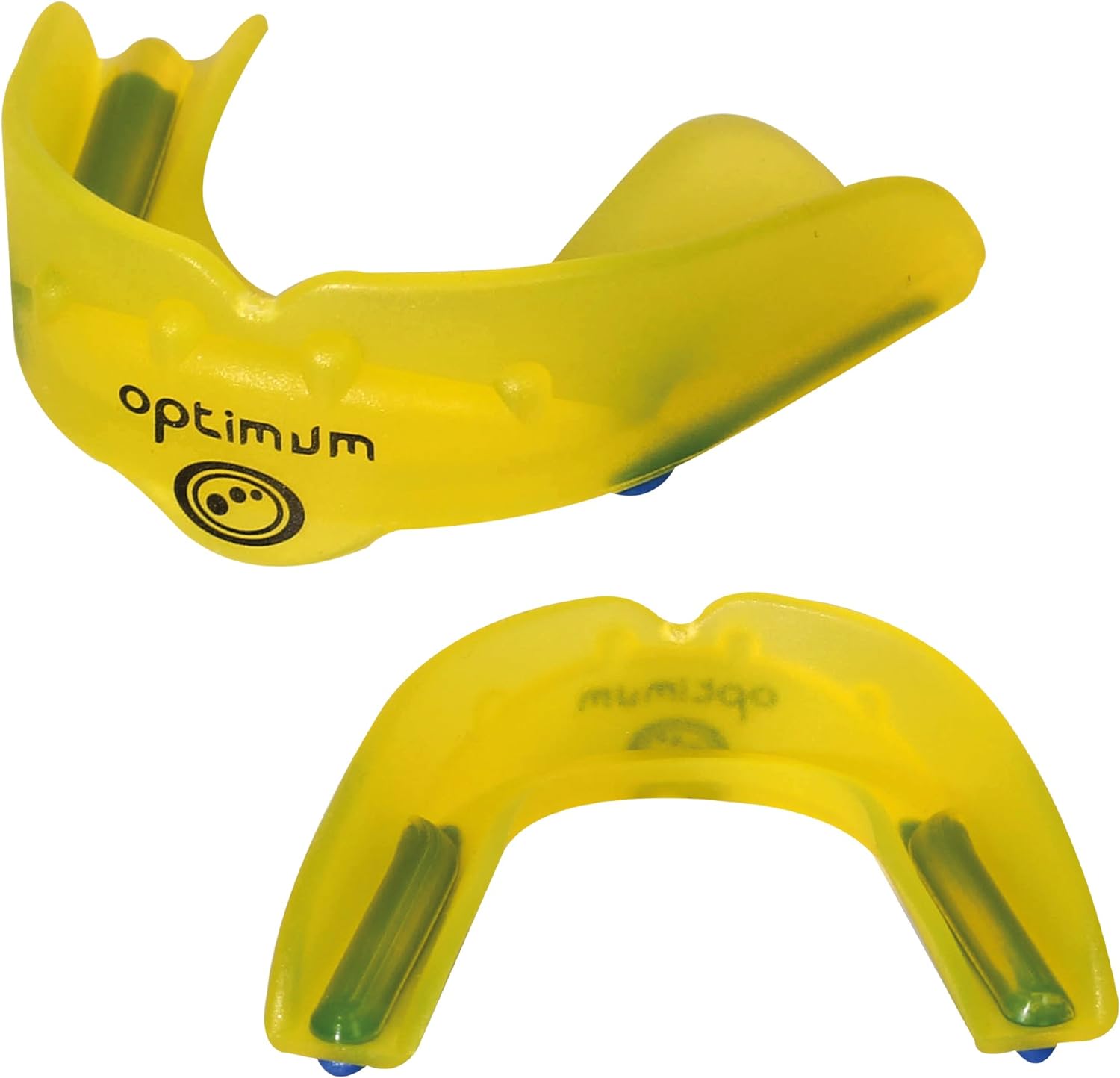 Yellow Optimum Matrix mouthguard, two views with green channels and black logo, on white - Optimum