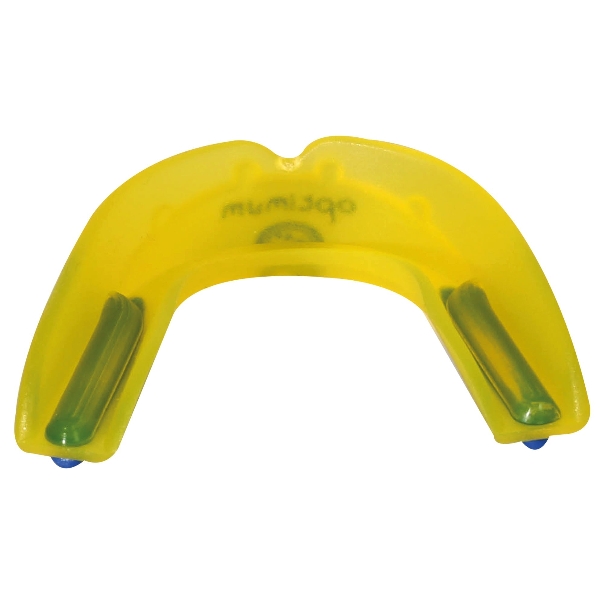 Yellow translucent Optimum Matrix mouthguard, top-down U-shape with green channels, on white - Optimum