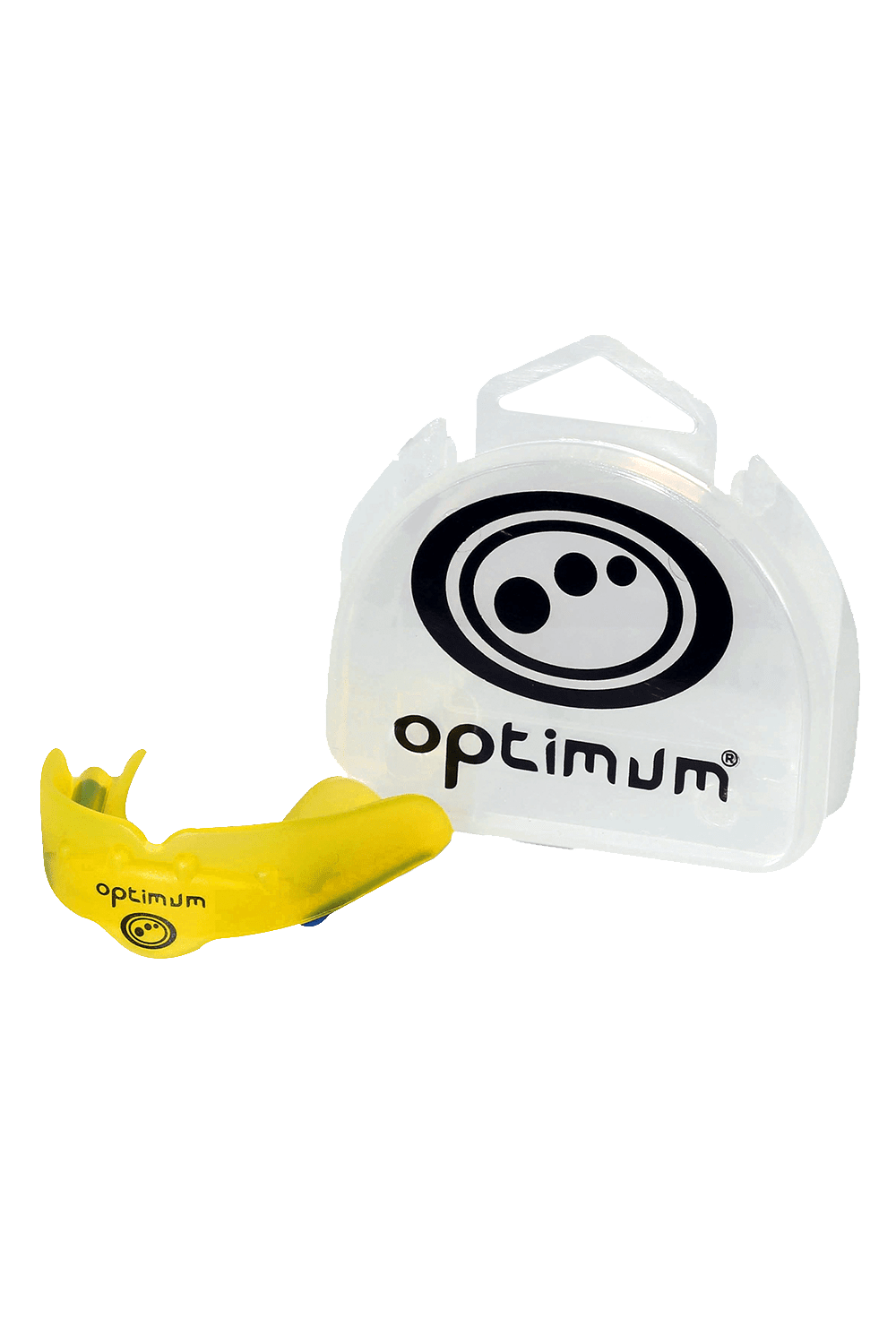 Yellow Optimum Matrix mouthguard beside clear plastic carry case with black logo, on white - Optimum
