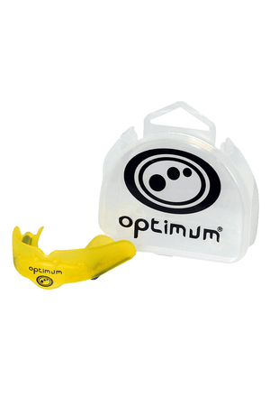 Yellow Optimum Matrix mouthguard beside clear plastic carry case with black logo, on white - Optimum