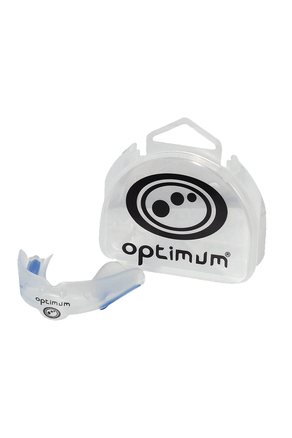Clear Optimum Matrix mouthguard with blue accents beside clear branded storage case, on white - Optimum