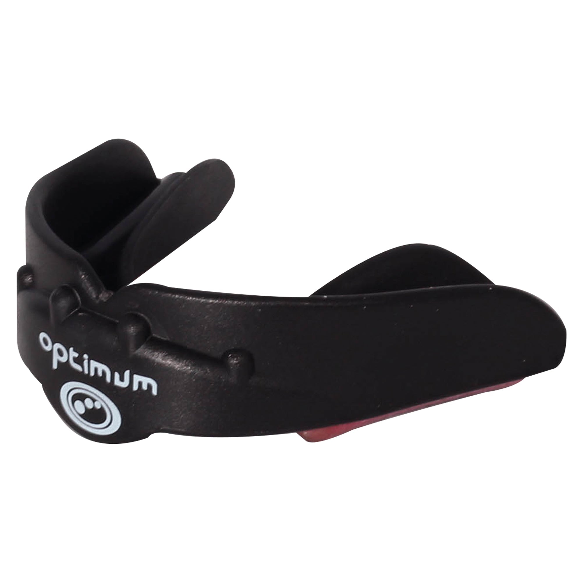 Black Optimum Matrix mouthguard with white logo and red base, side profile close-up on white - Optimum