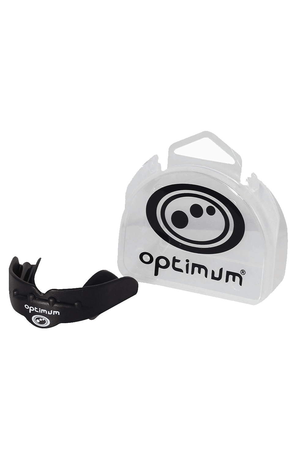 Black Optimum Matrix mouthguard with white logo and red base, side view on white - Optimum