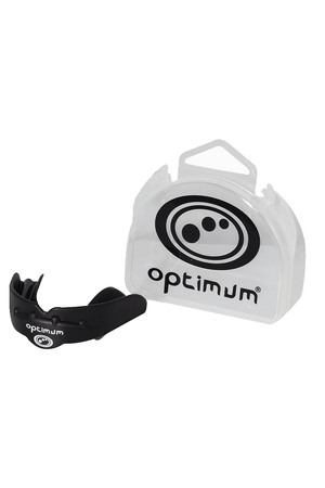 Black Optimum Matrix mouthguard with white logo and red base, side view on white - Optimum