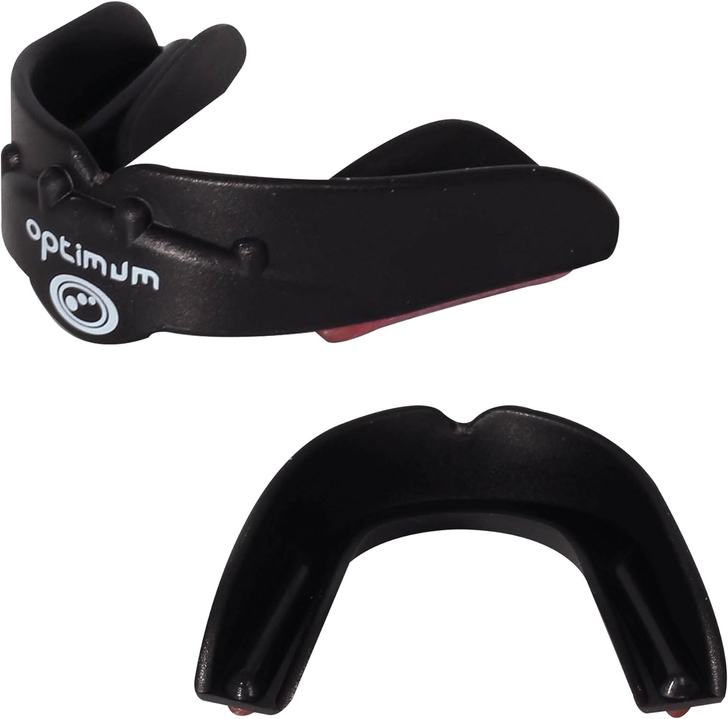 Black Optimum Matrix mouthguard with strap and white logo, two views showing moulded U-shape, on white - Optimum