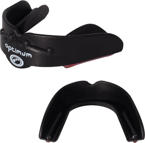 Black Optimum Matrix mouthguard with strap and white logo, two views showing moulded U-shape, on white - Optimum