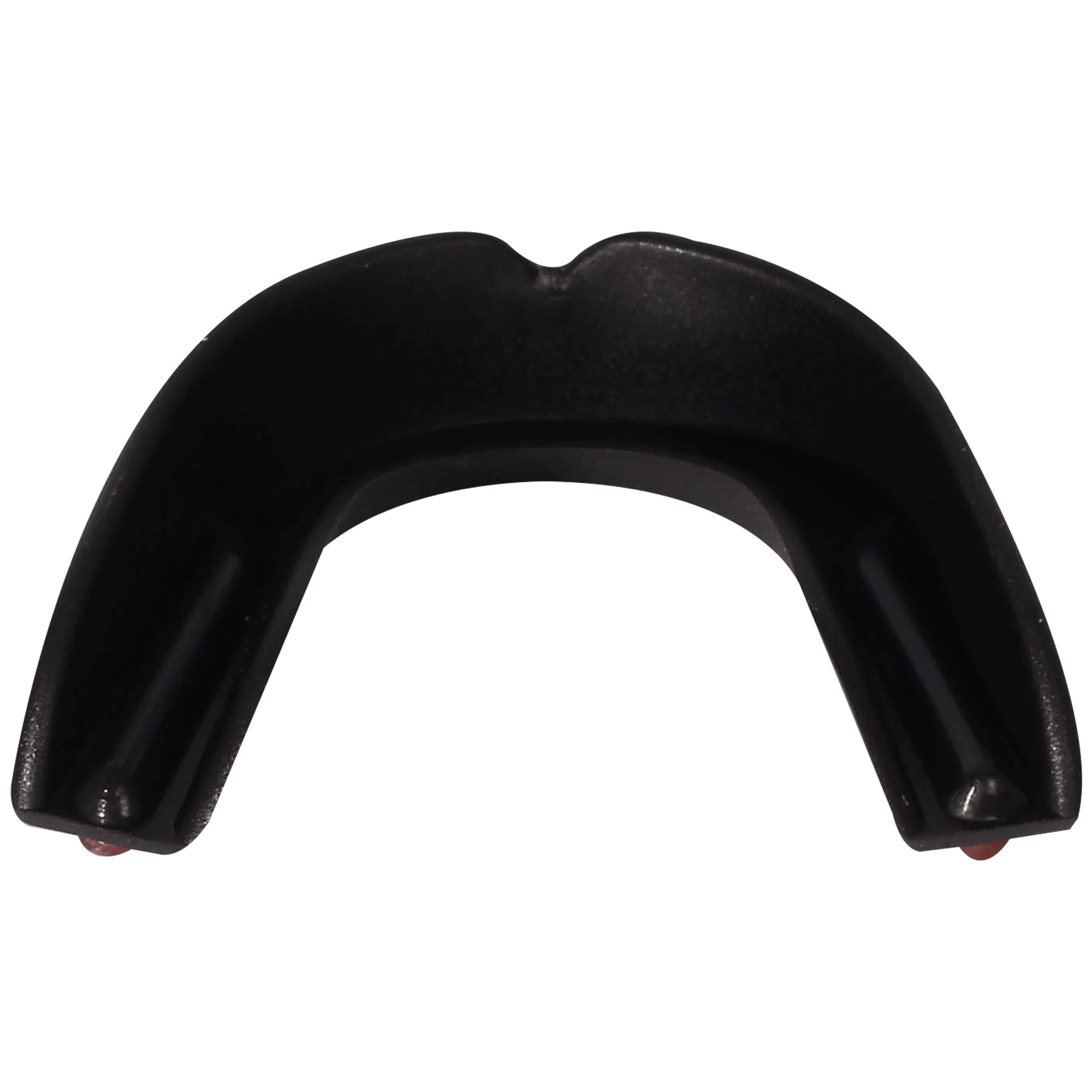 Black Optimum Matrix mouthguard top view showing U-shape with red gel accents, on white - Optimum