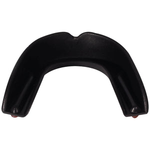 Black Optimum Matrix mouthguard top view showing U-shape with red gel accents, on white - Optimum