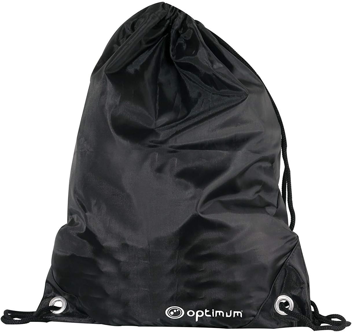 Black Optimum drawstring gym sack with white logo and corner eyelets, filled, on white - Optimum