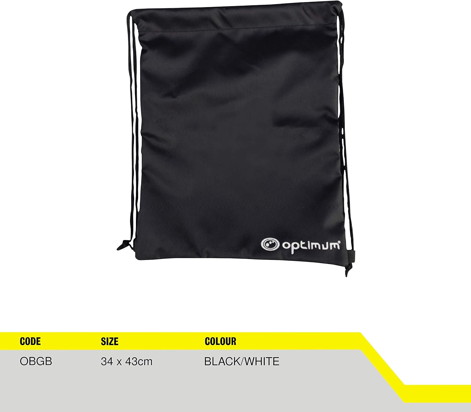 Black and white Optimum drawstring gym sack with spec table showing size 34x43cm, on white - Optimum