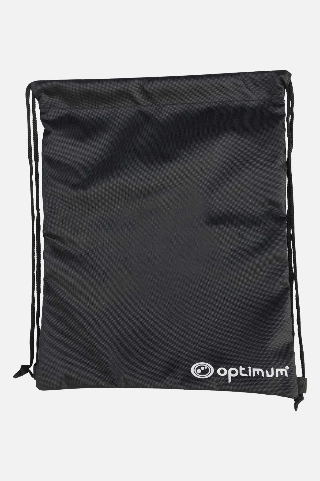 Black Optimum drawstring gym sack with white logo, front view on white - Optimum
