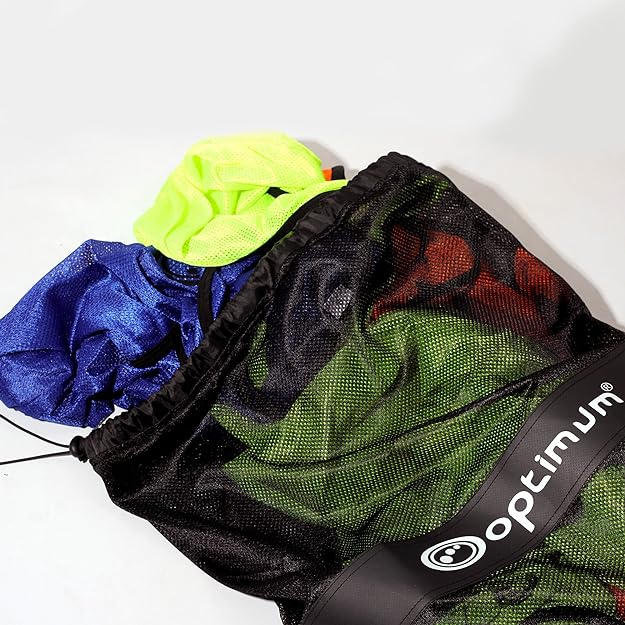 Black mesh Optimum bib bag filled with green, blue, red and yellow bibs, white logo, on white - Optimum