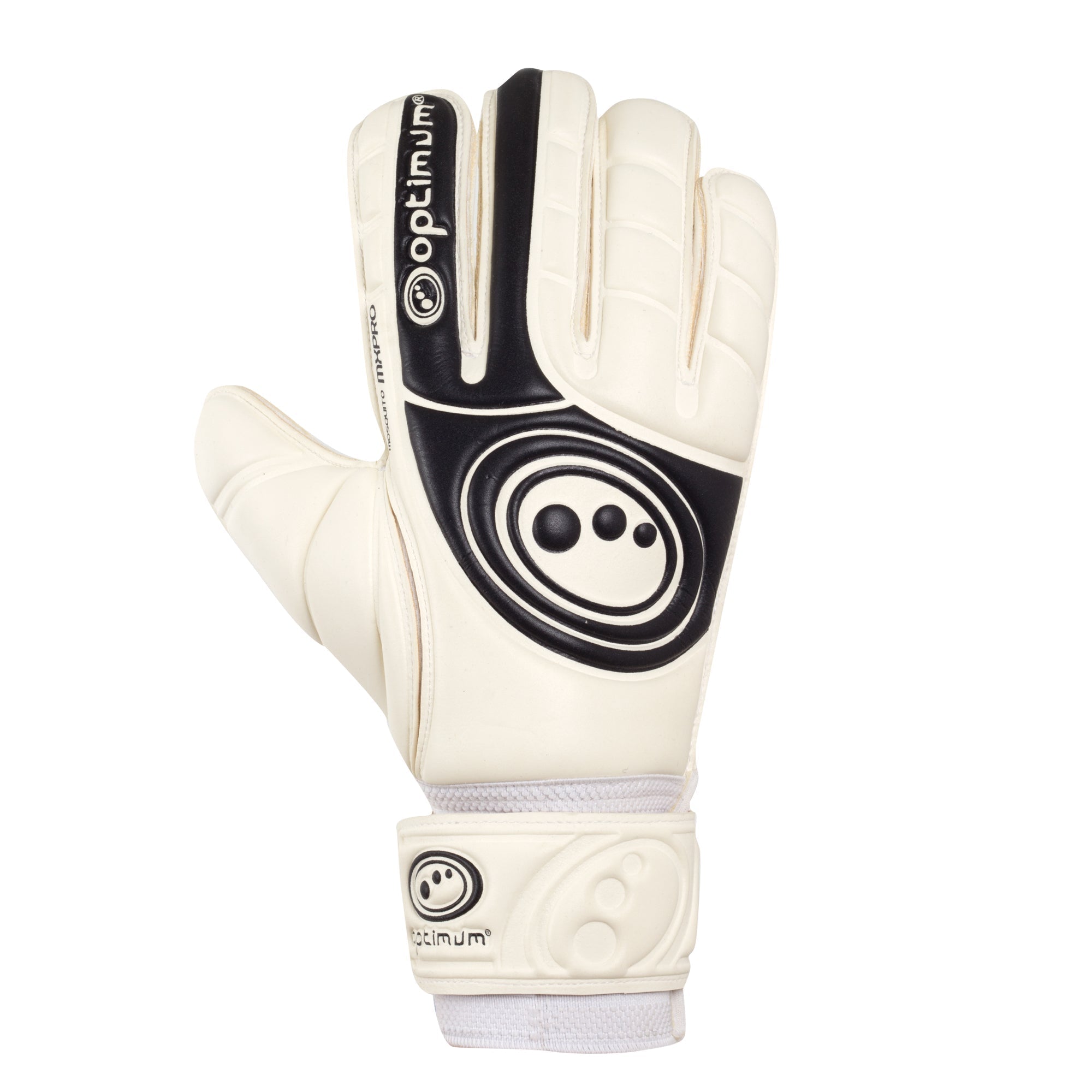 White and black Optimum Mosquito MX Pro goalkeeper glove, backhand view with logo, on white - Optimum