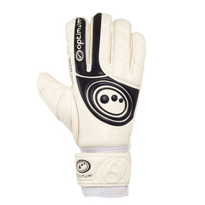 White and black Optimum Mosquito MX Pro goalkeeper glove, backhand view with logo, on white - Optimum