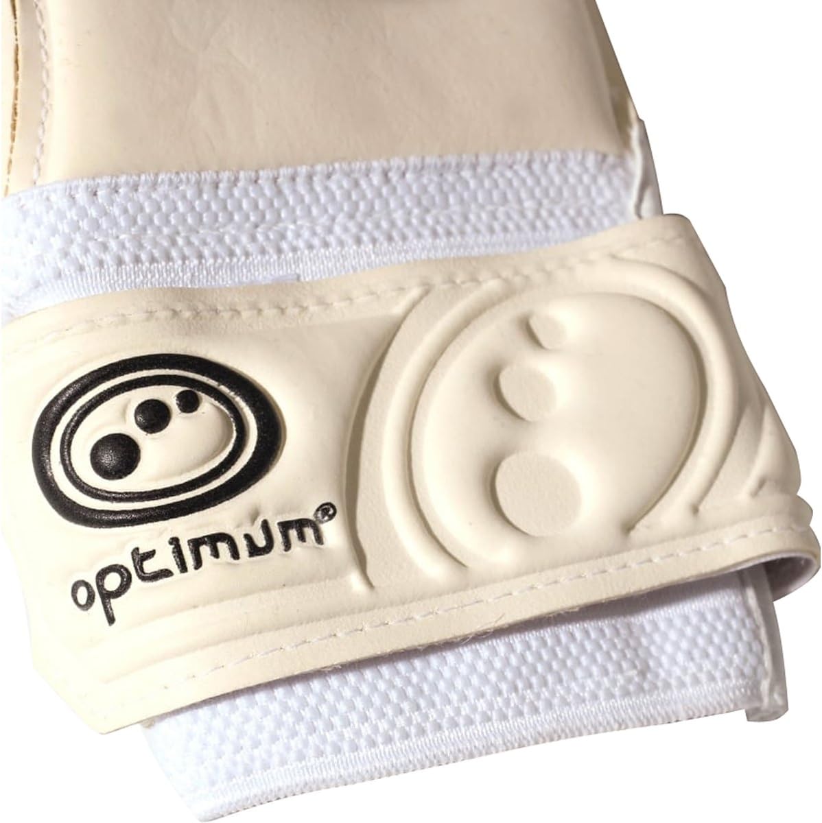 Close-up of Optimum Mosquito MX Pro goalkeeper glove strap with black Optimum logo - Optimum