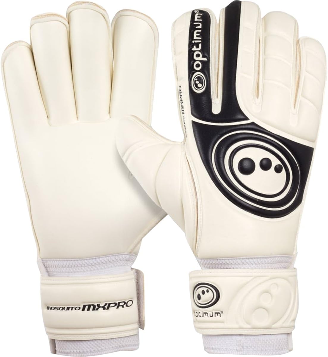 Pair of white and black Optimum Mosquito MX Pro goalkeeper gloves showing palm and backhand - Optimum
