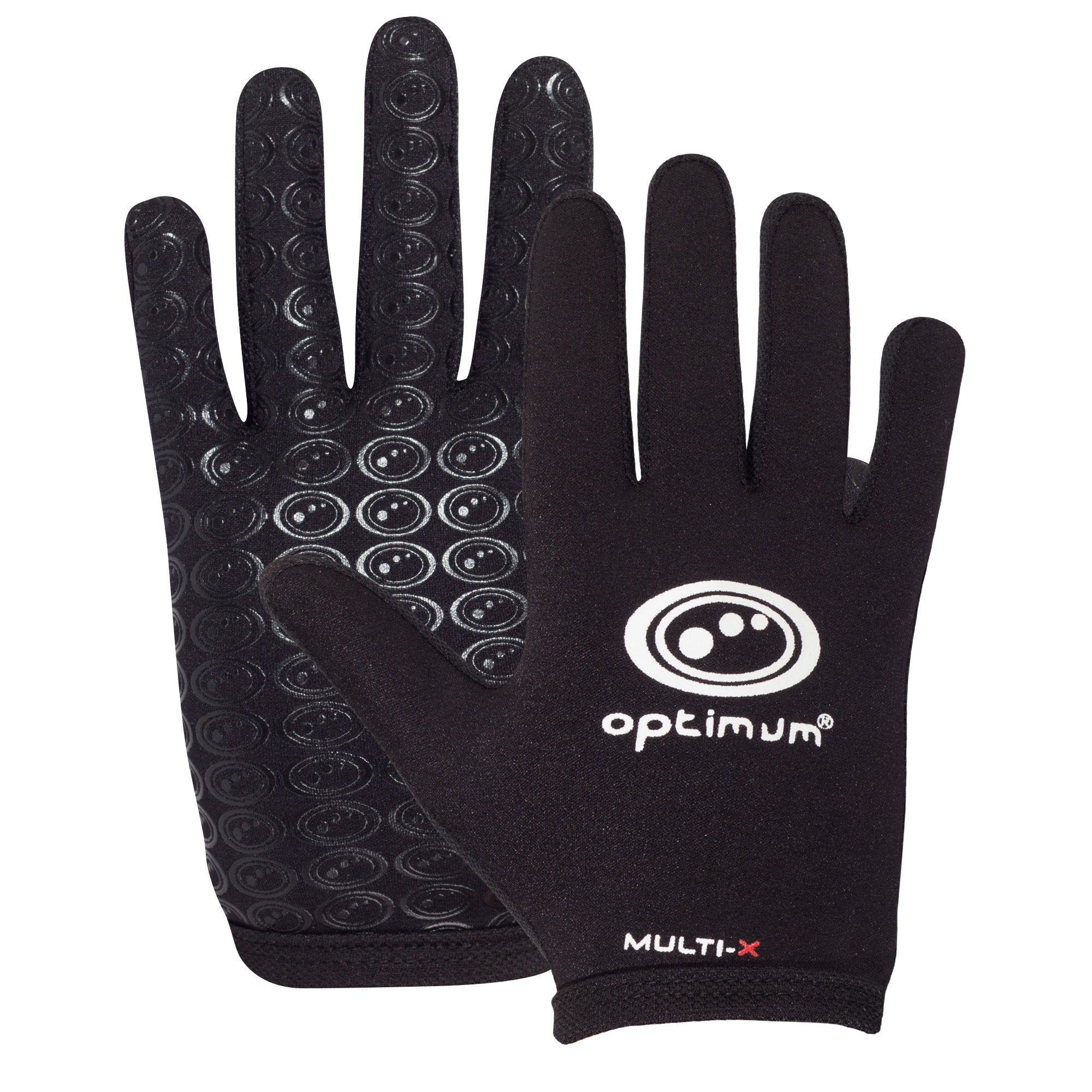 Pair of black Optimum Multi-X full-finger gloves showing white logo back and textured grip palm on white - Optimum