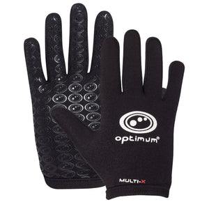 Pair of black Optimum Multi-X full-finger gloves showing white logo back and textured grip palm on white - Optimum