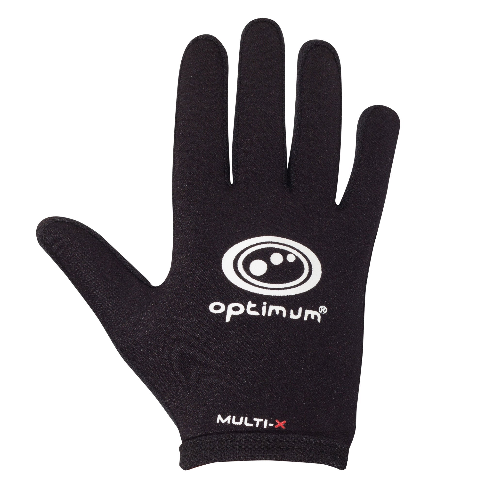 Black Optimum Multi-X full-finger glove, back of hand with white logo and red Multi-X branding on white - Optimum