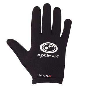 Black Optimum Multi-X full-finger glove, back of hand with white logo and red Multi-X branding on white - Optimum