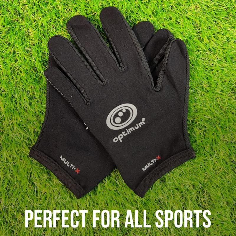 Pair of black Optimum Multi-X gloves on grass with Perfect For All Sports caption and white logo - Optimum