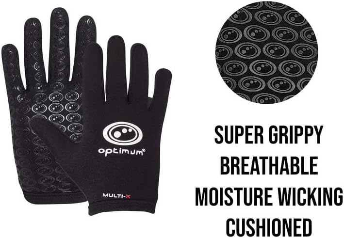 Black Optimum Multi-X glove feature graphic: super grippy, breathable, moisture wicking, cushioned - Optimum
