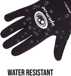 Black Optimum Multi-X glove with water droplets and Water Resistant caption highlighting the fabric - Optimum