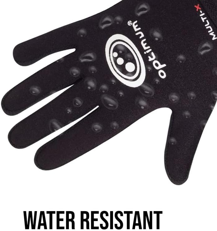 Black Optimum Multi-X glove with water droplets and Water Resistant caption highlighting the fabric - Optimum