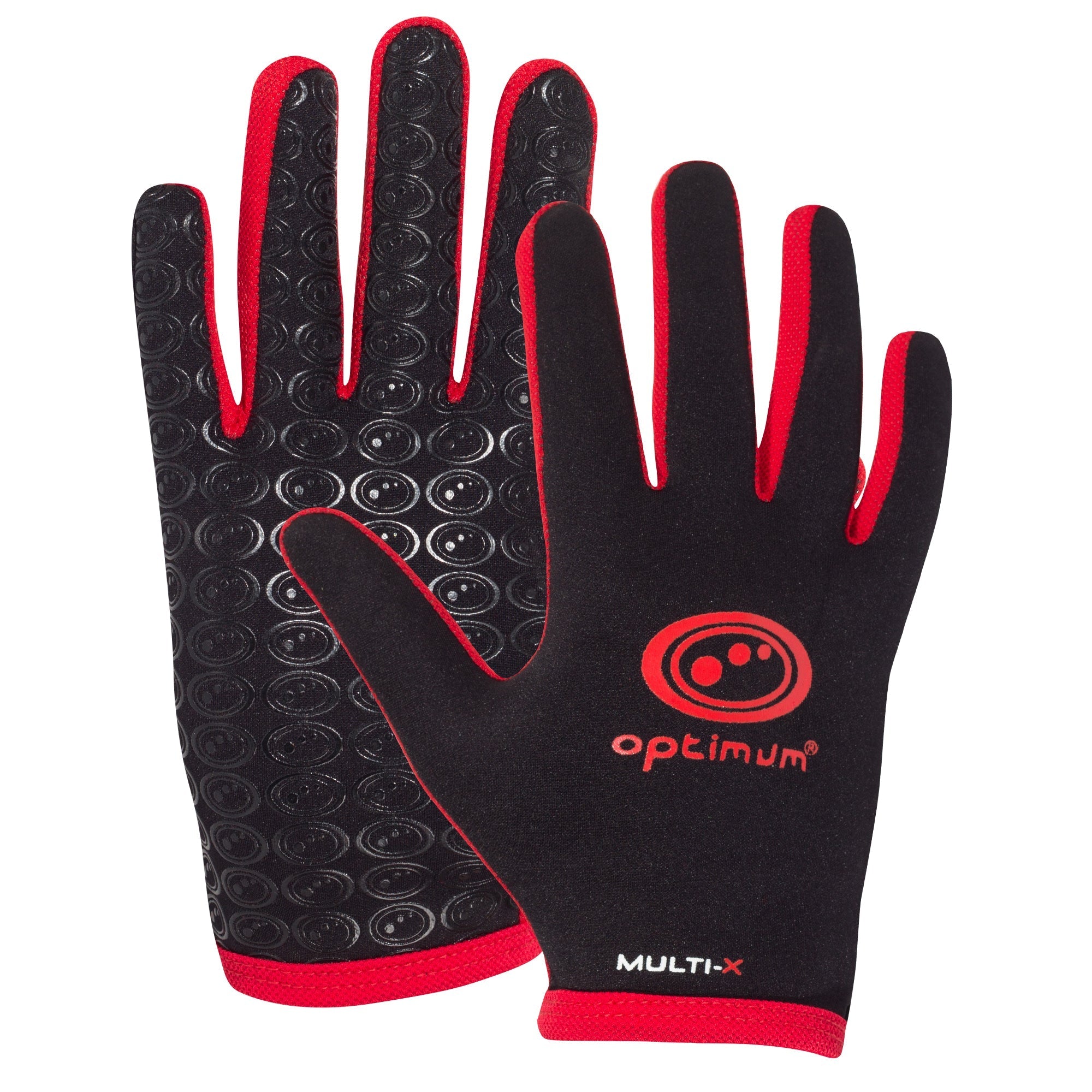 Pair of black and red Optimum Multi-X gloves showing red logo back and textured grip palm on white - Optimum