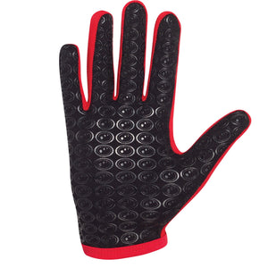 Black and red Optimum Multi-X glove, palm view with textured oval grip pattern and red trim on white - Optimum
