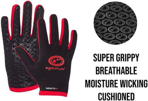 Black and red Optimum Multi-X glove feature graphic: super grippy, breathable, moisture wicking, cushioned - Optimum