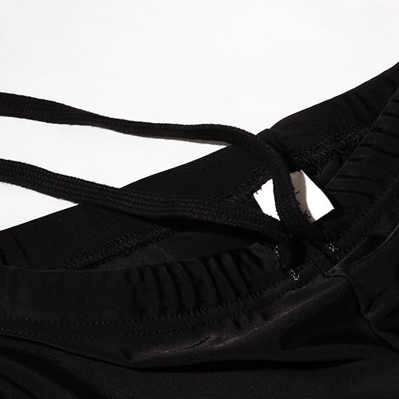Close-up of black Optimum Multi-X shorts waistband with drawstring, on white - Optimum