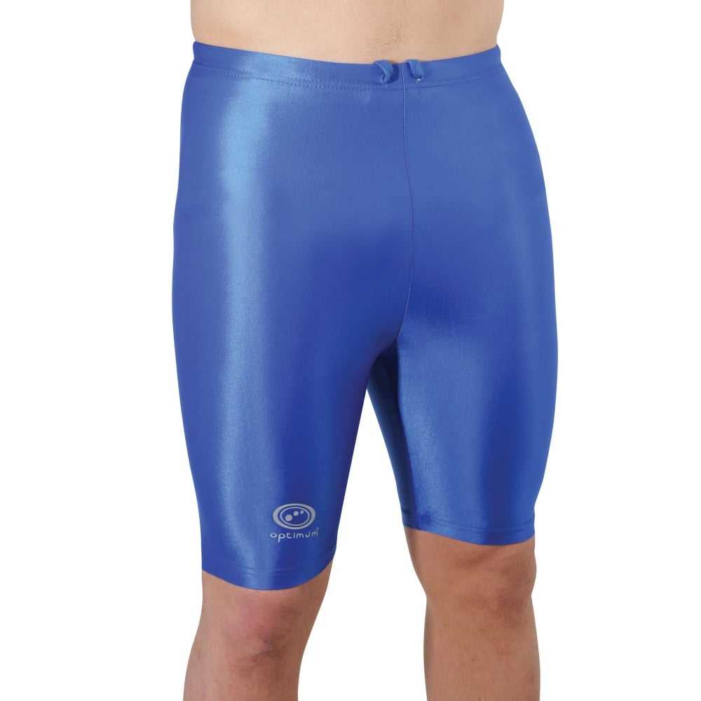 Man wearing shiny royal blue Optimum Multi-X compression shorts, front view, on white - Optimum