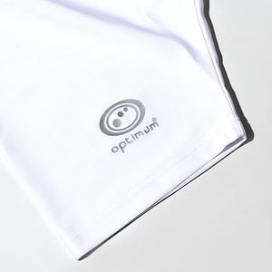 Close-up of white Optimum Multi-X shorts leg hem with grey Optimum logo - Optimum