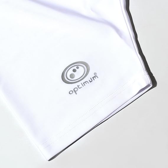 Close-up of white Optimum Multi-X shorts leg hem with grey Optimum logo - Optimum