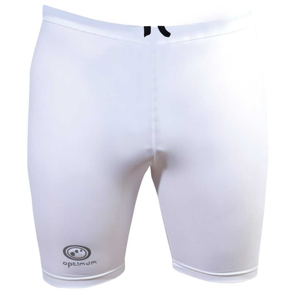 Man wearing white Optimum Multi-X compression shorts, front view with grey logo, on white - Optimum