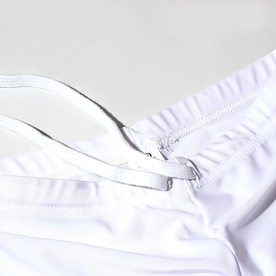 Close-up of white Optimum Multi-X shorts waistband with white drawstring, on white - Optimum