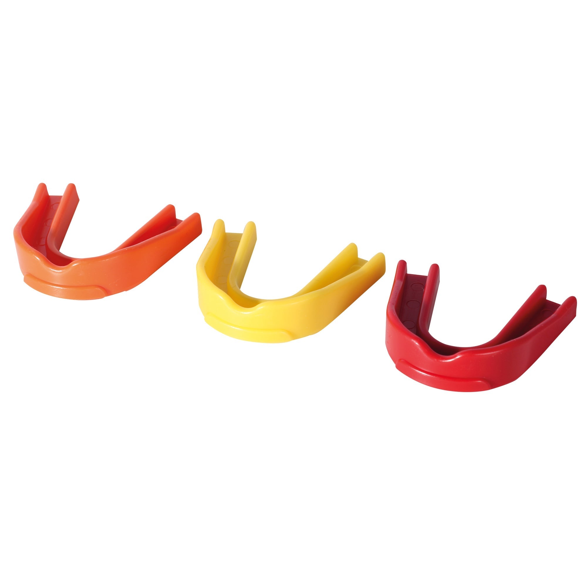 Orange, yellow and red Optimum Multi-X mouthguards in a row on white background - Optimum