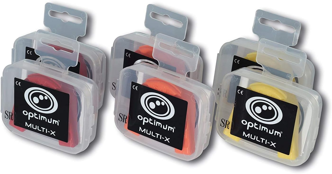Three Optimum Multi-X mouthguards in clear retail cases, red, orange and yellow, on white - Optimum