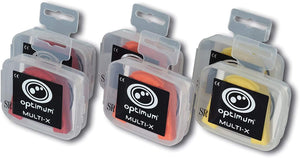 Three Optimum Multi-X mouthguards in clear retail cases, red, orange and yellow, on white - Optimum