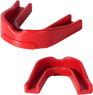 Red Optimum Multi-X mouthguard, two views showing side and top-down U-shape, on white - Optimum