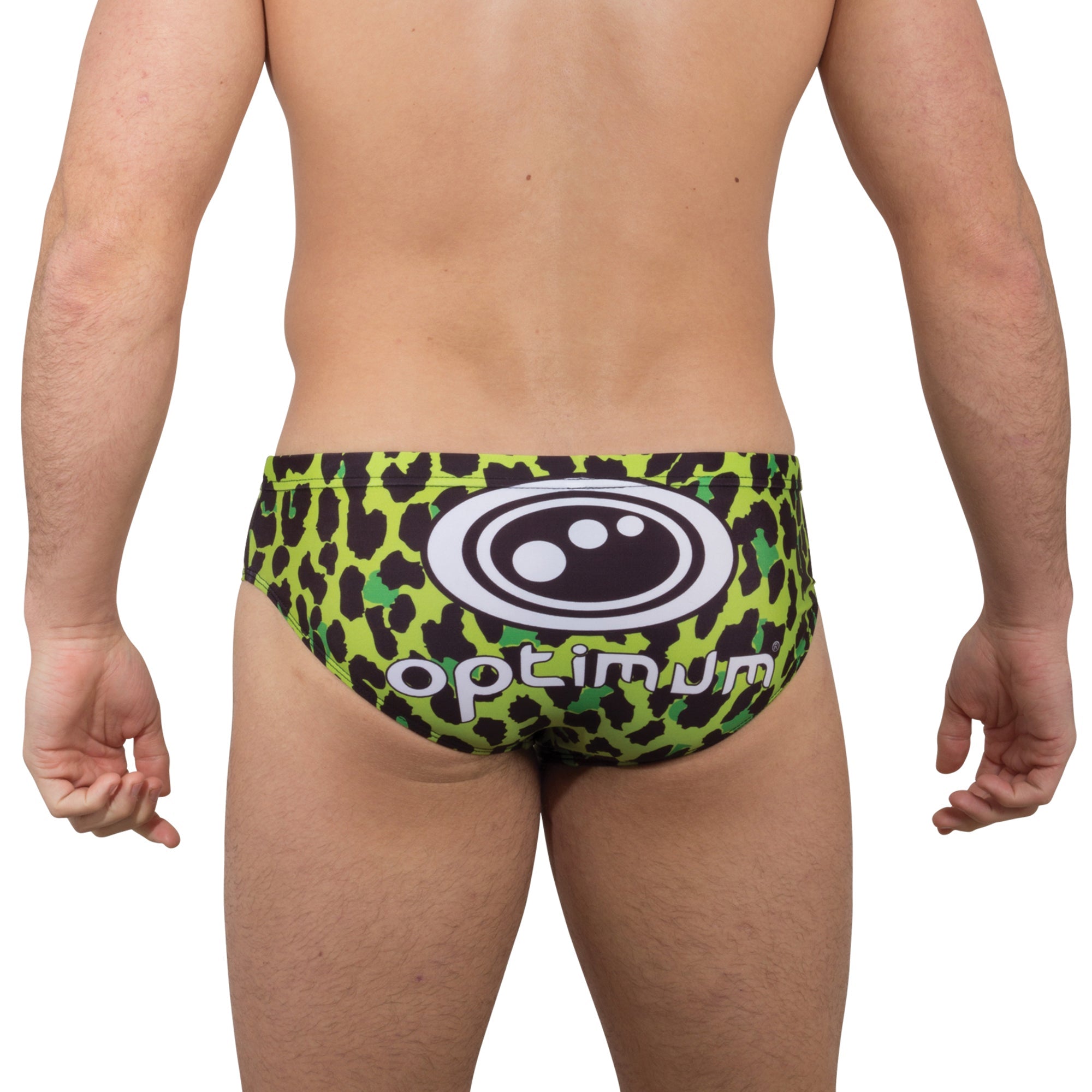 Optimum Tackle Trunks swim brief in neon green leopard print, rear view on male model with white Optimum logo - Optimum