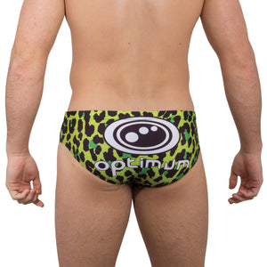 Optimum Tackle Trunks swim brief in neon green leopard print, rear view on male model with white Optimum logo - Optimum