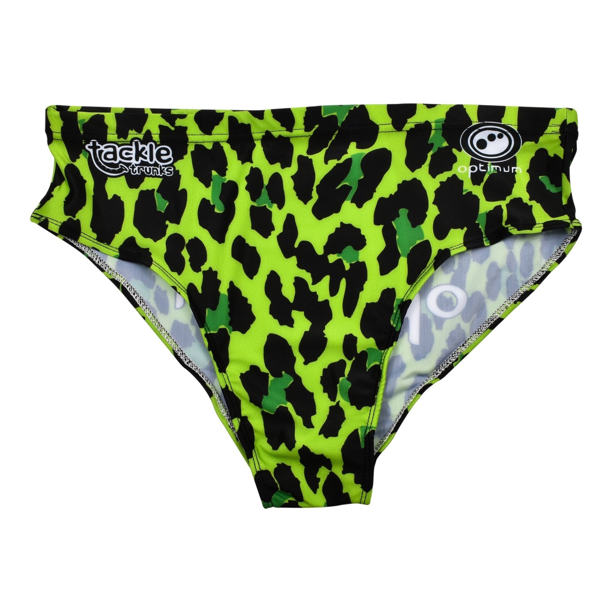Optimum Tackle Trunks swim brief in neon green leopard print, flat front with tackle trunks and Optimum logos - Optimum