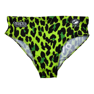 Optimum Tackle Trunks swim brief in neon green leopard print, flat front with tackle trunks and Optimum logos - Optimum