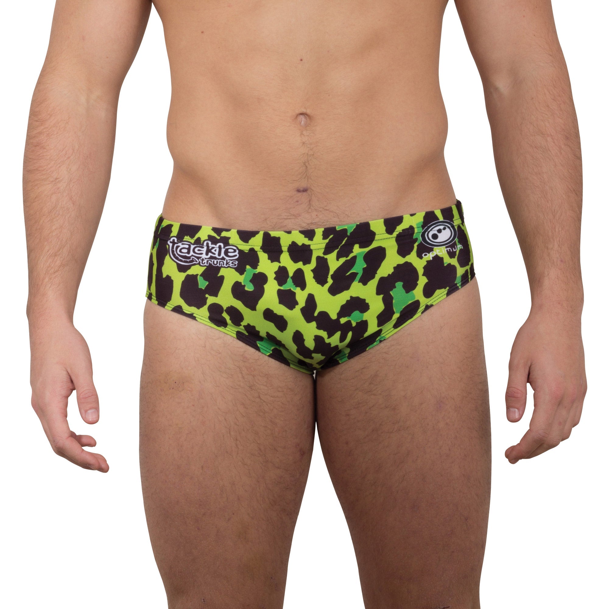 Optimum Tackle Trunks swim brief in neon green leopard print, front view on male model with tackle trunks logo - Optimum
