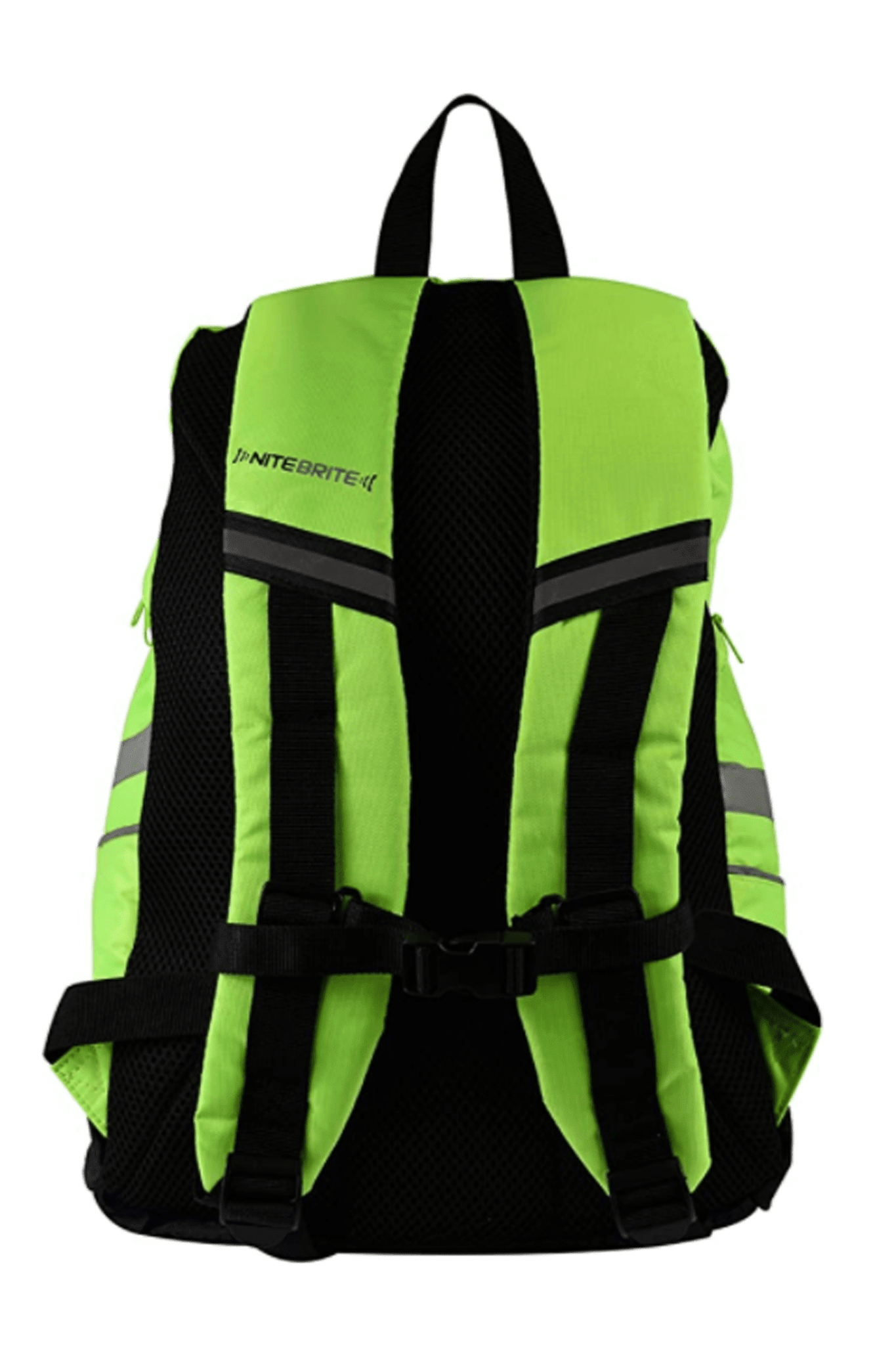 Rear view of green Optimum NiteBrite backpack showing padded straps and reflective strips - Optimum